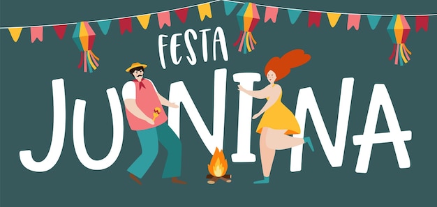 Festa junina sao joao vacanza brasiliana festa di giugno biglietto di auguri web banner uomo e donna che ballano intorno al fuoco decorazione per feste bunting bandiere illustrazione vettoriale sfondo design piatto