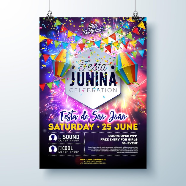 Vettore festa junina sao joao party flyer illustrazione con lanterna di carta su sfondo di fuochi d'artificio