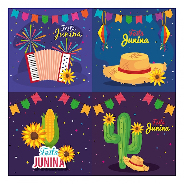 Vector festa junina set cards, brazil june festival with decoration  illustration