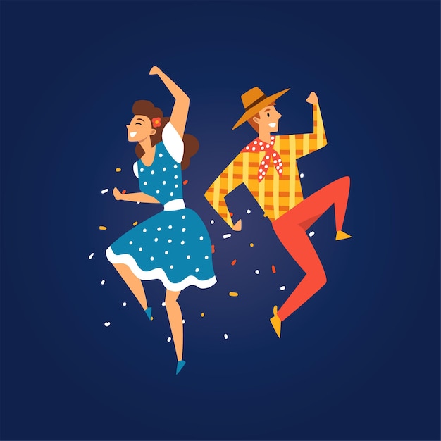 Вектор festa junina традиционный бразильский июньский фестиваль счастливый молодой человек и женщина, танцующие ночью фольклорная вечеринка векторная иллюстрация в плоском стиле