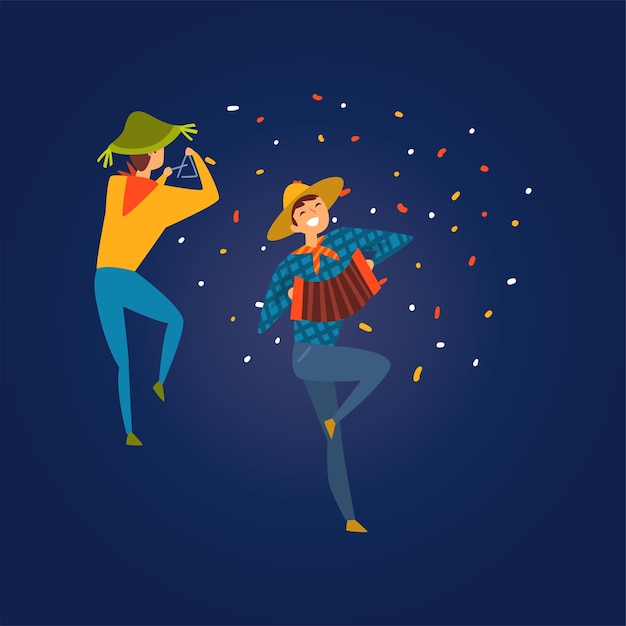 Festa junina traditional brazil june festival men dancing and playing accordion and triangle at folklore party vector illustration in flat style