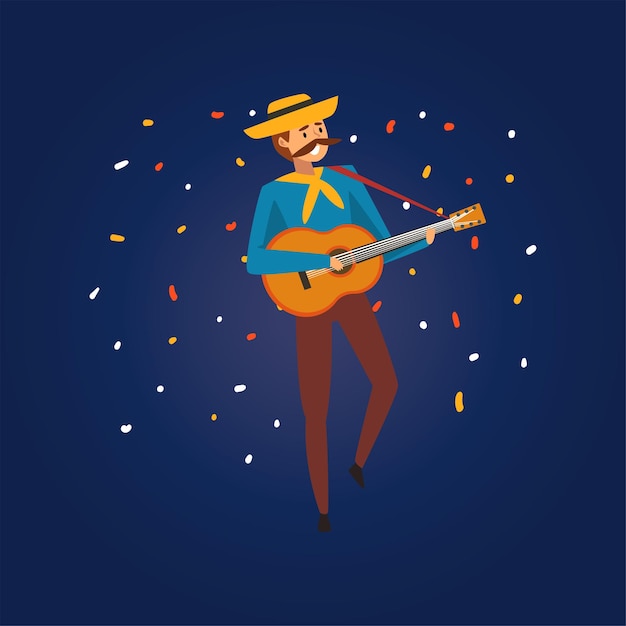 Vector festa junina traditional brazil june festival young man in cowboy hat playing guitar at night folklore party vector illustration in flat style