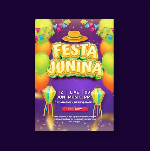 Vettore modello di poster verticale festa junina con nastro a palloncino e altro