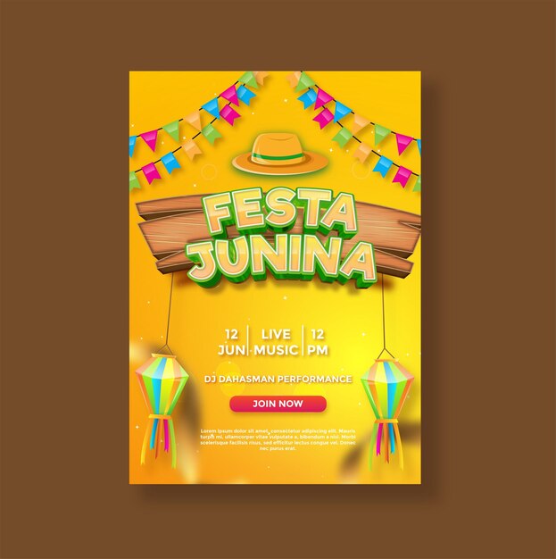 Vettore modello di poster verticale festa junina con nastro a palloncino e altro