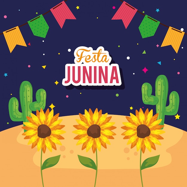 Festa junina with sunflowers and decoration , brazil june festival  illustration