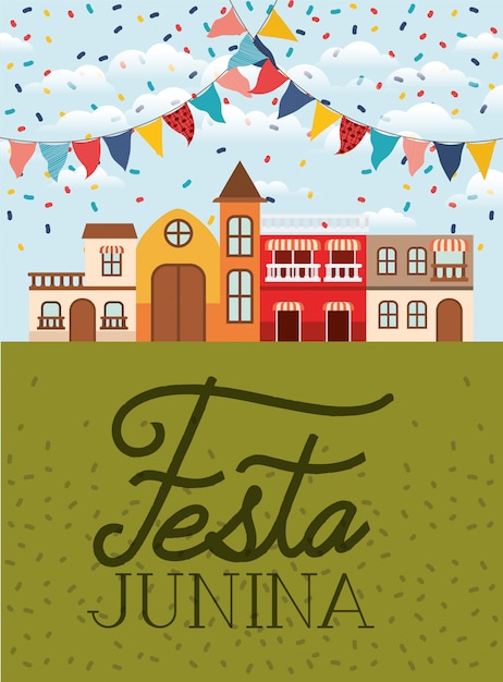 Festa junina con scena di villaggio e ghirlande