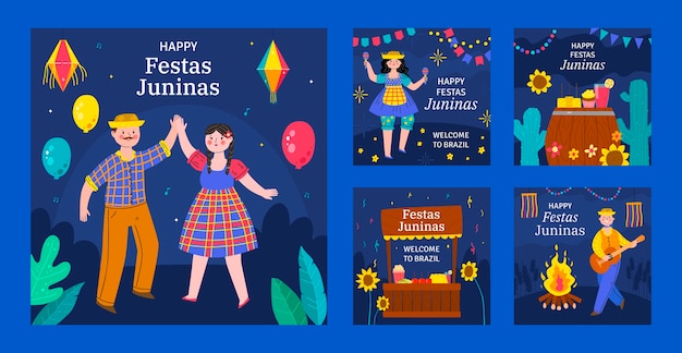 Festas juninas hand drawn flat ig posts set