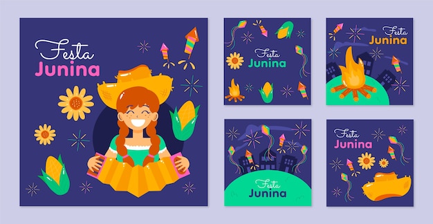 Festas juninas hand drawn flat ig posts set