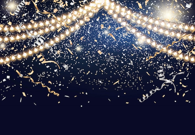 Festival background with string lights and confetti