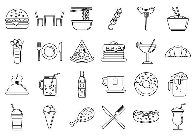 Festival food courts icons set, outline style