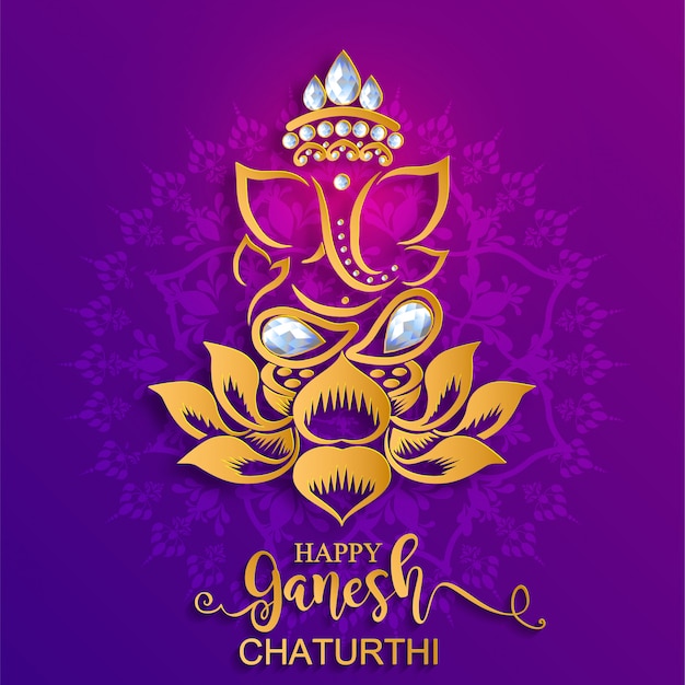 Festival of ganesh chaturthi with golden shiny lord ganesha patterned and crystals on paper color background.