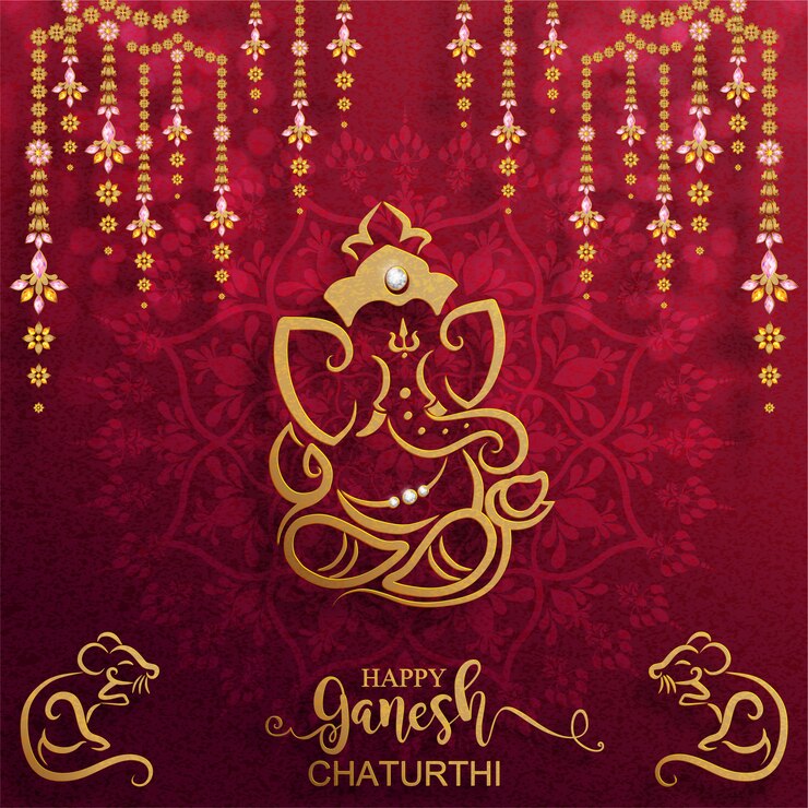 Vector festival of ganesh chaturthi with golden shiny lord ganesha patterned and crystals on paper color background.