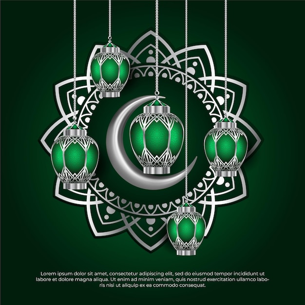 Фестиваль исламского приветствия ид аль адха с луной и подвесными светильниками на зеленом фоне