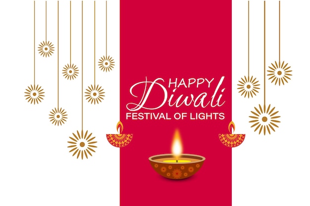 festival of lights colorful banner template design with decorative diya lamp style of Indian Rangoli