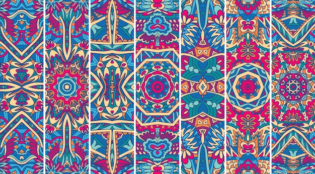 Festival Mandala pattern set psychedelic print design. Ethnic tribal geometric banner collection