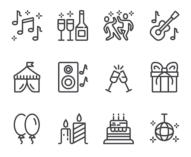 Festival selebration concert party disco dance flat black thin line stroke isolaed icon set