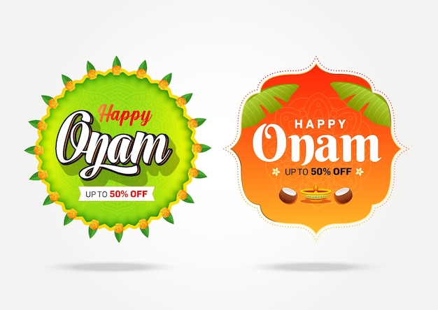 Festival dell'india del sud happy onam banner, logo design, adesivo, concetto, biglietto di auguri, modello