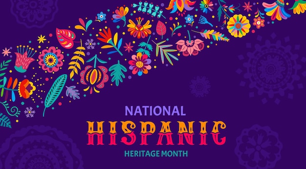 Festivalbanner van de nationale Hispanic Heritage Month met tropische bloemen en planten vector achtergrond Spaanse Amerikanen cultuur traditie en kunst erfgoed in etnisch bloemenornament met bloemen