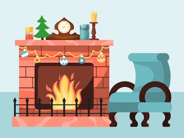 Vector festive atmosphere, christmas winter mood by burning fire in fireplace, flat design illustration isolated on white.