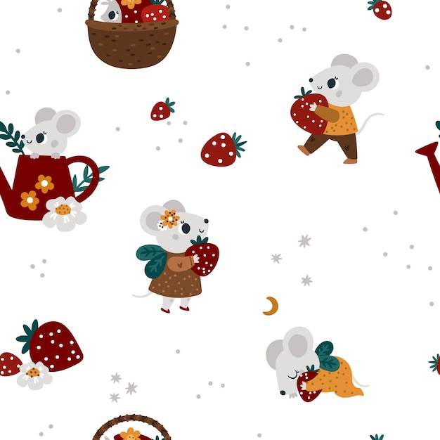 Festive background for kids with cute mouse on garden seamless pattern with baby animals