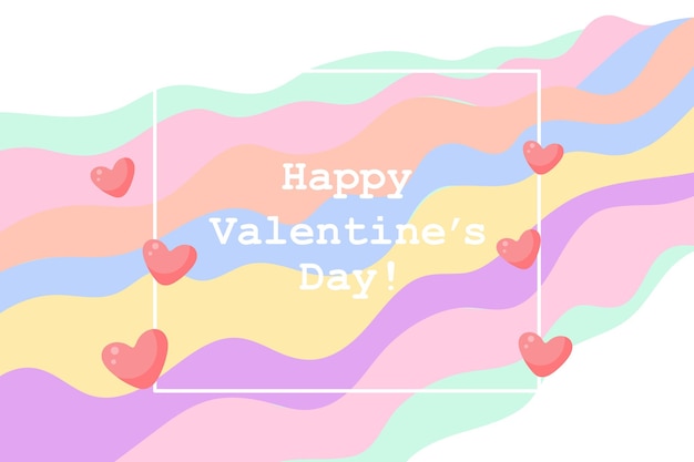 Festive background for Valentine's Day, a frame with text and hearts on a light rainbow.