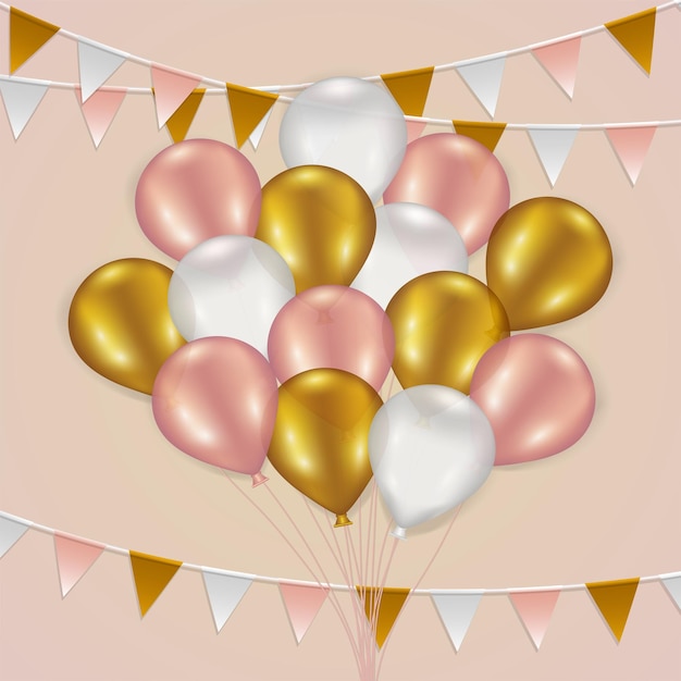 Festive background with balloons and bunting in pink white and gold colors