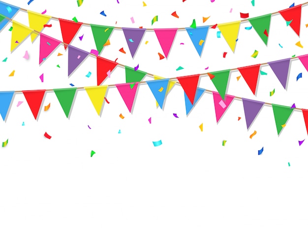 Vector festive background with colorful confetti and flag