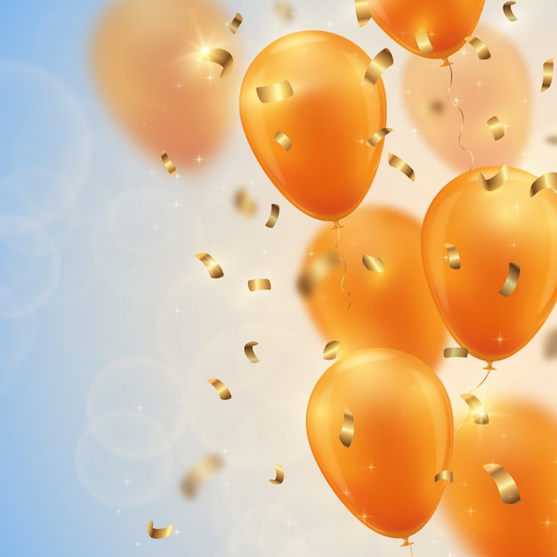 Vector festive background with gold balloons and confetti.