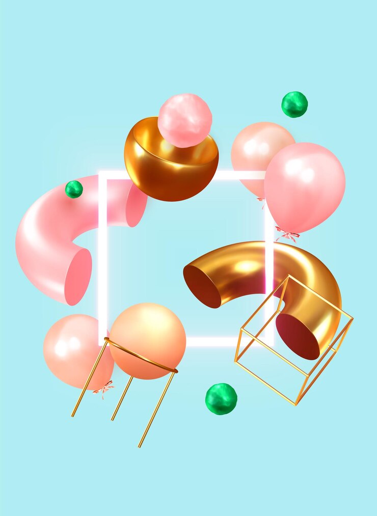 Vector festive background with helium balloons, 3d geometric objects. celebrate a birthday, poster, banner happy anniversary. copy space for text. vector ballon, pink blue color. social media story template