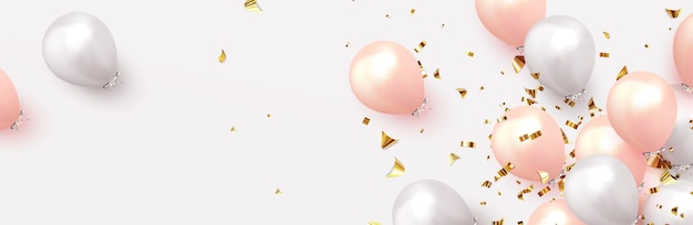 Вектор Праздничный фон с гелиевыми шарами. отпразднуйте день рождения, праздничный плакат, баннер с юбилеем. реалистичная открытка с 3d-дизайном. пастельный нежно-розовый и белый цвет. векторная иллюстрация