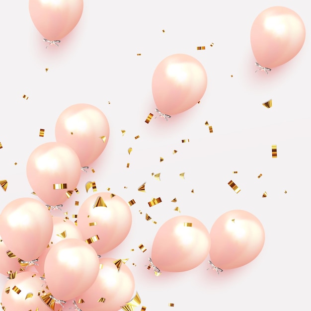 Festive background with helium balloons. Celebrate a birthday, Holiday Poster, happy anniversary banner. Realistic 3d design greeting card. Pastel soft pink and white color. vector illustration