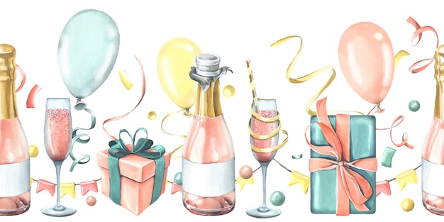 Festive balloons gifts champagne in glasses and bottles confetti and flag garlands watercolor