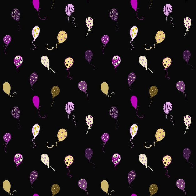さまざまなパターンのお祝いバルーン。紫と黄色の色合い。ベクター画像