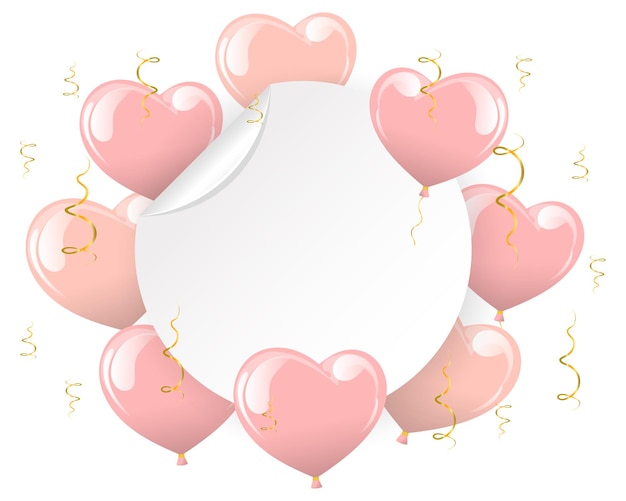 Festive banner, pink heart balloons and gold ribbons with a round sheet of paper for text. Postcard