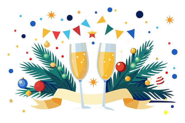 クリスマスツリーの濃い青い背景に2杯のシャンパン
