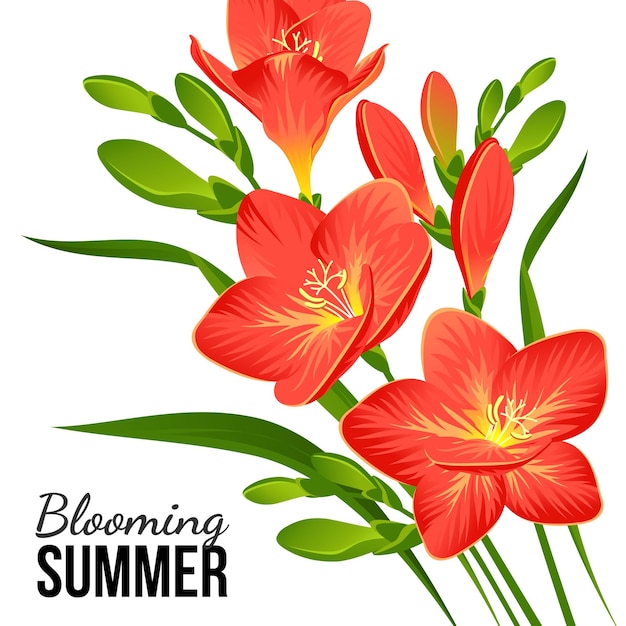 Festive banner with blooming red freesias in vector