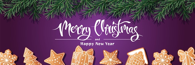 Festive banner with fir branches and gingerbread cookies Christmas background with gingerbread Suitable for greeting cards banners posters flyers for New Year and Christmas