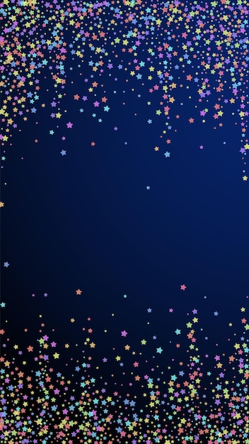 Festive beautiful confetti. Celebration stars. Colorful stars on dark blue background. Good-looking festive overlay template. Vertical vector background.