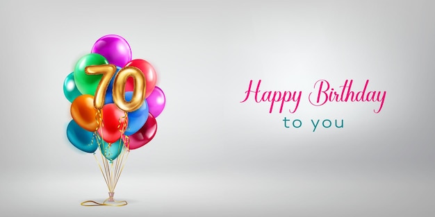 숫자 70 모양의 여러 가지 색깔의 헬륨 풍선 금호일 풍선과 흰색 배경에 생일 축하 글자를 쓴 축제 생일 그림