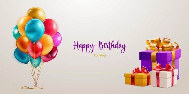 Festive birthday illustration with a bunch of colored helium balloons several gift boxes with ribbons and bows and inscription happy birthday to you on light background