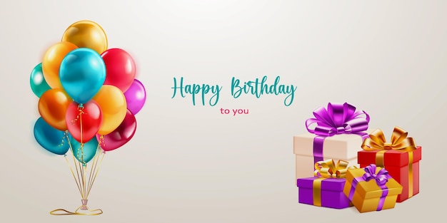 Festive birthday illustration with a bunch of colored helium balloons several gift boxes with ribbons and bows and inscription Happy Birthday to you on light background