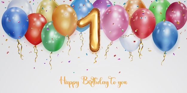 Праздничная иллюстрация ко дню рождения с цветными гелиевыми шарами большой номер 1 из золотой фольги с блестящими кусочками серпантина и надписью "С днем рождения" на белом фоне