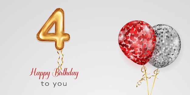 Festive birthday illustration with colored helium balloons big number 4 golden foil balloon and inscription Happy Birthday on white background