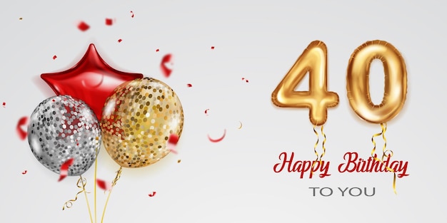 Праздничная иллюстрация ко дню рождения с цветными гелиевыми шарами большой номер 40 из золотой фольги с блестящими кусочками серпантина и надписью "С днем рождения" на белом фоне