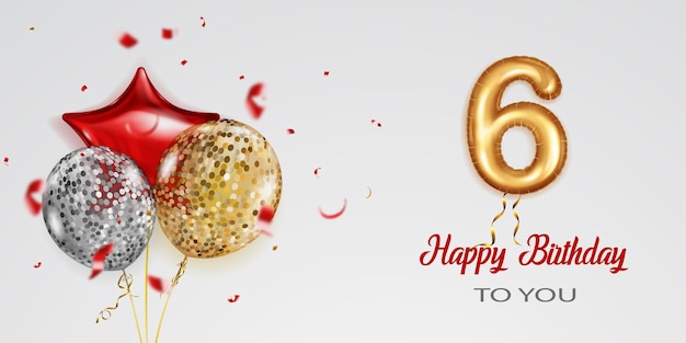 Праздничная иллюстрация ко дню рождения с цветными гелиевыми шарами большой номер 6 из золотой фольги с блестящими кусочками серпантина и надписью "С днем рождения" на белом фоне