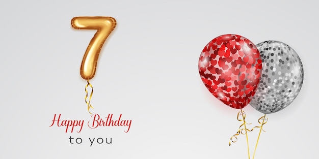 Vector festive birthday illustration with colored helium balloons big number 7 golden foil balloon and inscription happy birthday on white background