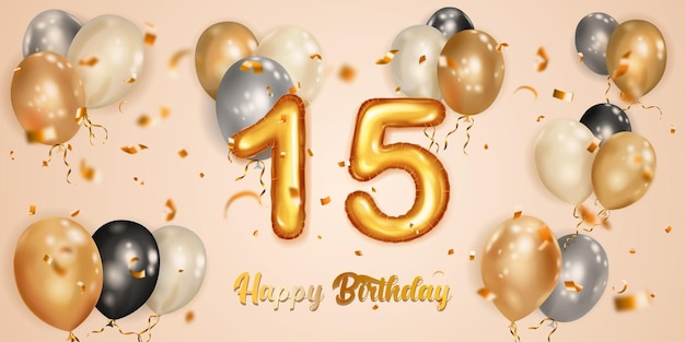 festive birthday illustration with white black and gold helium balloons big number 15 golden foil balloon flying shiny pieces of serpentine and inscription happy birthday on light background