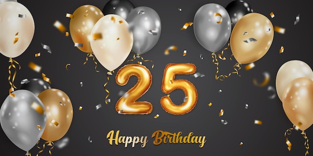 Festive birthday illustration with white black and gold helium balloons big number 25 golden foil balloon flying shiny pieces of serpentine and inscription Happy Birthday on dark background