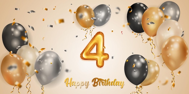 Illustrazione di compleanno festivo con palloncini di elio bianco nero e oro grande numero 4 palloncino di lamina d'oro che volano pezzi lucidi di serpentino e scritta happy birthday su sfondo chiaro