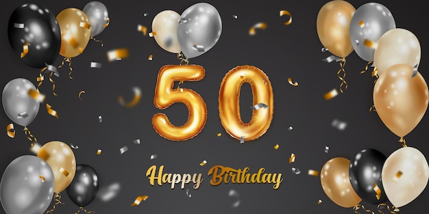 Festive birthday illustration with white black and gold helium balloons big number 50 golden foil balloon flying shiny pieces of serpentine and inscription Happy Birthday on dark background